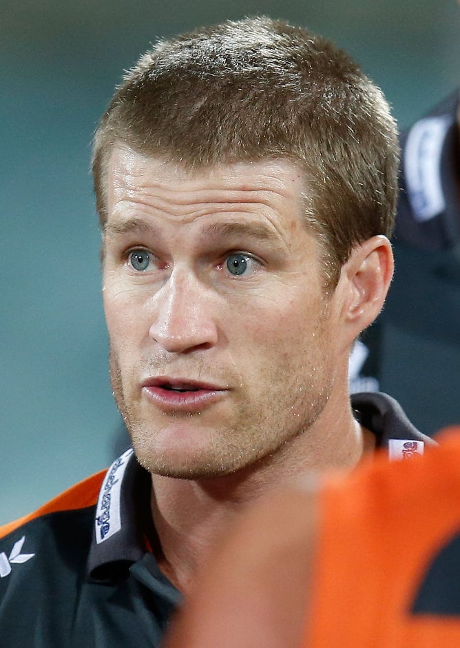 AFL 2016 NAB Challenge - GWS Giants v Western Bulldogs CANBERRA, AUSTRALIA - FEBRUARY 25: Luke Power, Assistant Coach of the Giants addresses his players during the 2016 NAB Challenge match between the GWS Giants and the Western Bulldogs at the Manuka Oval, Canberra on February 25, 2016. (Photo by Michael Willson/AFL Media)